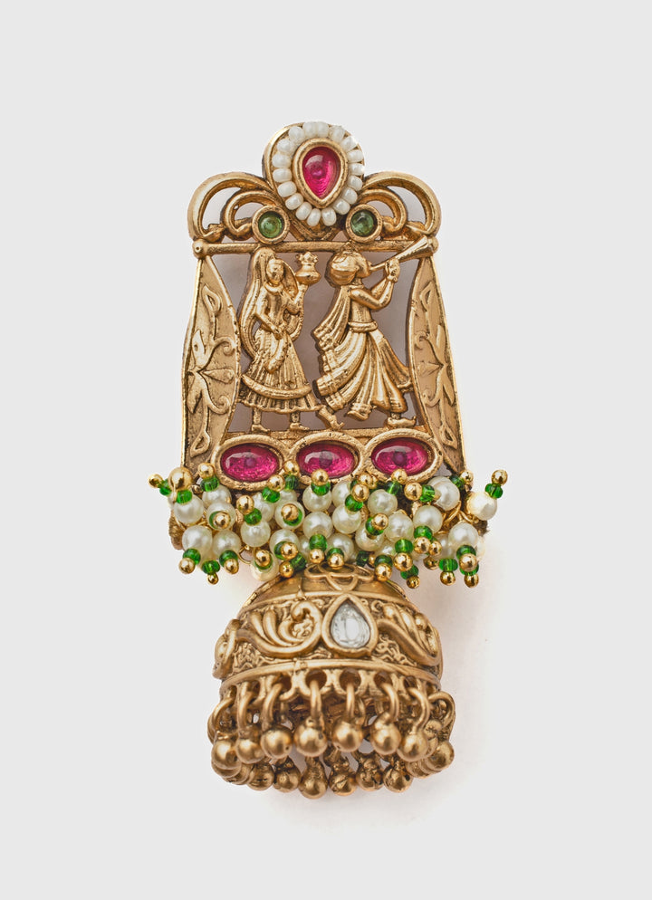 Gold Plated Temple Green And Pink Beaded Earrings