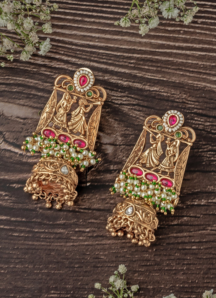 Gold Plated Temple Green And Pink Beaded Earrings