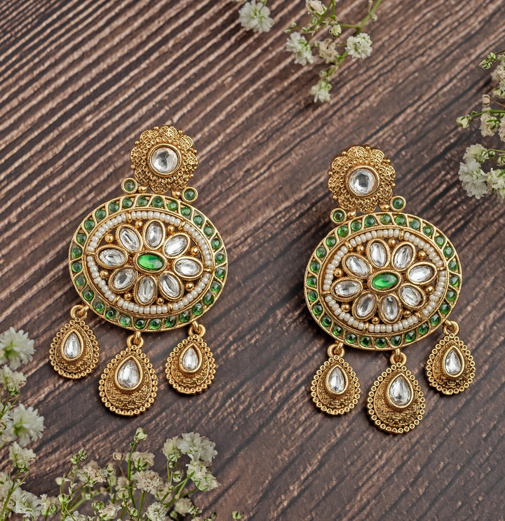 Gold Plated Green And White Stone Chandbali Earrings