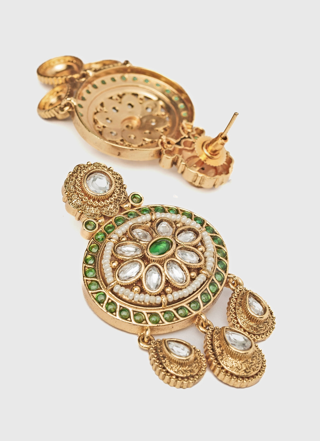 Gold Plated Green And White Stone Chandbali Earrings