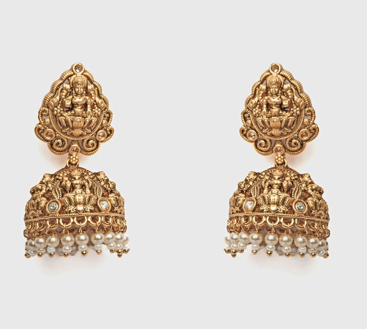 Gold Plated Jhumka Earrings With Pearl Hangings
