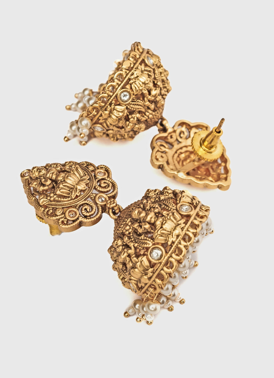 Gold Plated Jhumka Earrings With Pearl Hangings