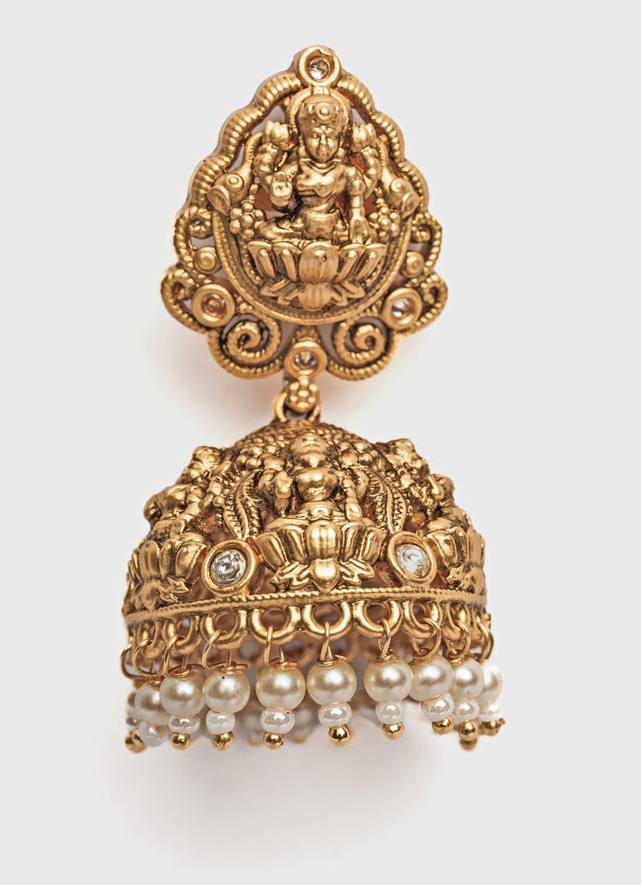 Gold Plated Jhumka Earrings With Pearl Hangings