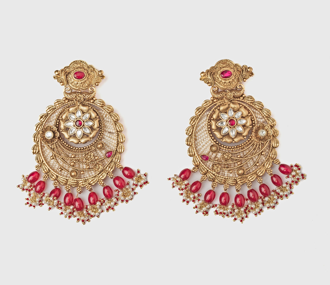 Gold Plated Floral White Chandbali Earrings With Pink Hangings
