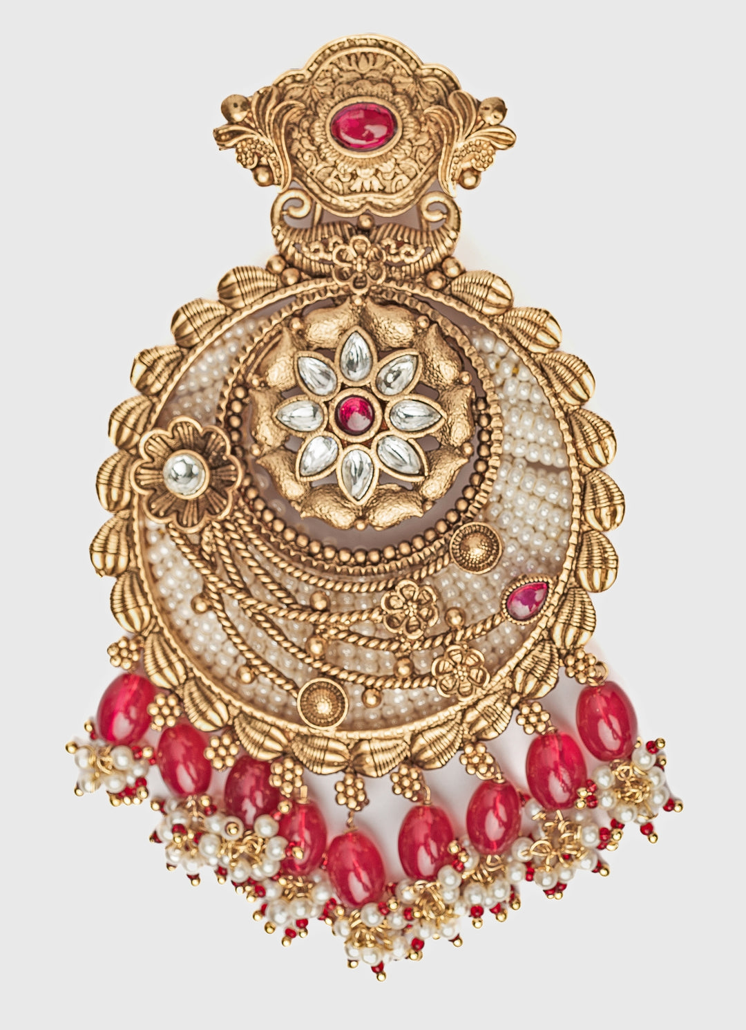 Gold Plated Floral White Chandbali Earrings With Pink Hangings