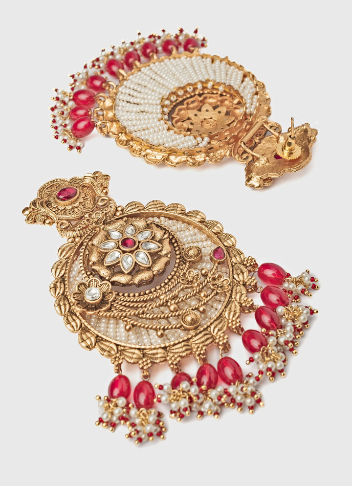 Gold Plated Floral White Chandbali Earrings With Pink Hangings