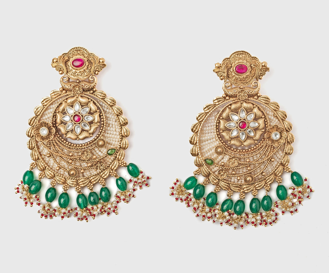 Gold Plated Floral White Chandbali Earrings With Green Hangings