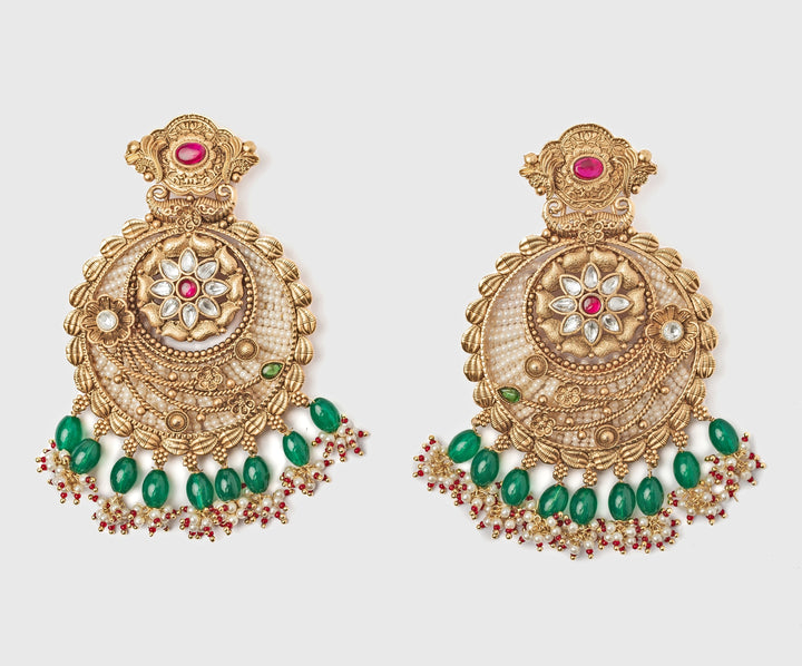 Gold Plated Floral White Chandbali Earrings With Green Hangings