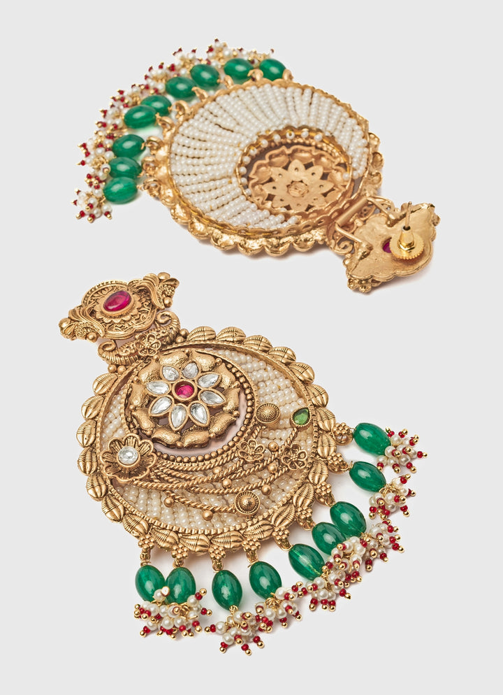 Gold Plated Floral White Chandbali Earrings With Green Hangings