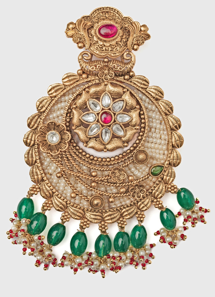 Gold Plated Floral White Chandbali Earrings With Green Hangings