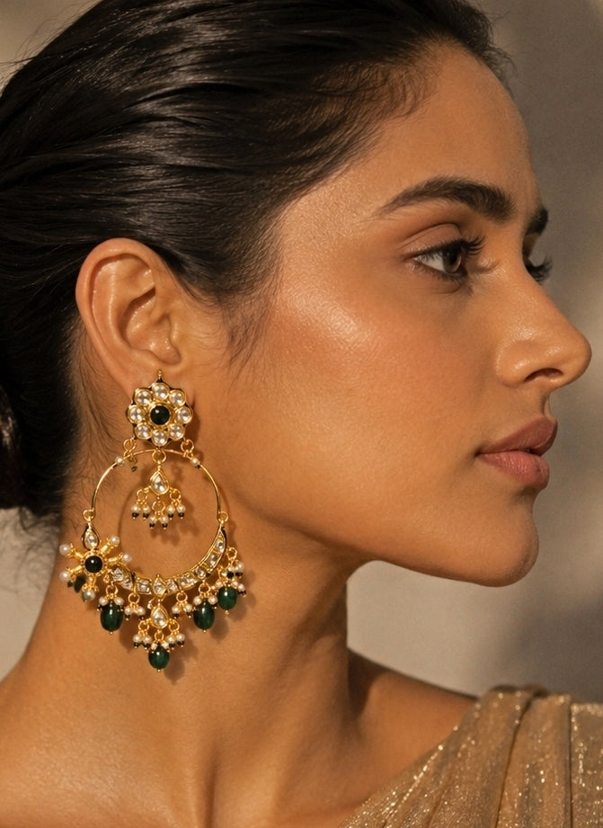 Emerald Green Floral Hoop Earrings With Pearl Drops