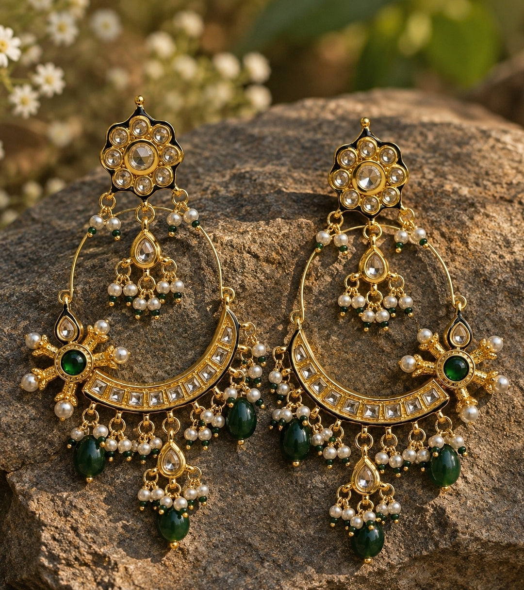 Emerald Green Floral Hoop Earrings With Pearl Drops