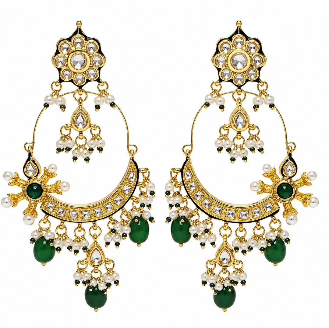 Emerald Green Floral Hoop Earrings With Pearl Drops