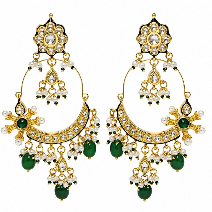 Emerald Green Floral Hoop Earrings With Pearl Drops