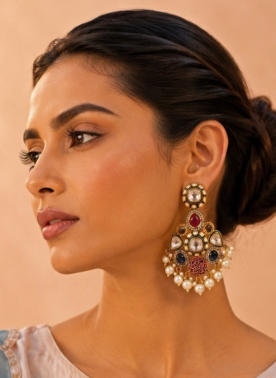 Multicolour Polki Drop Earrings With Pearl Accents