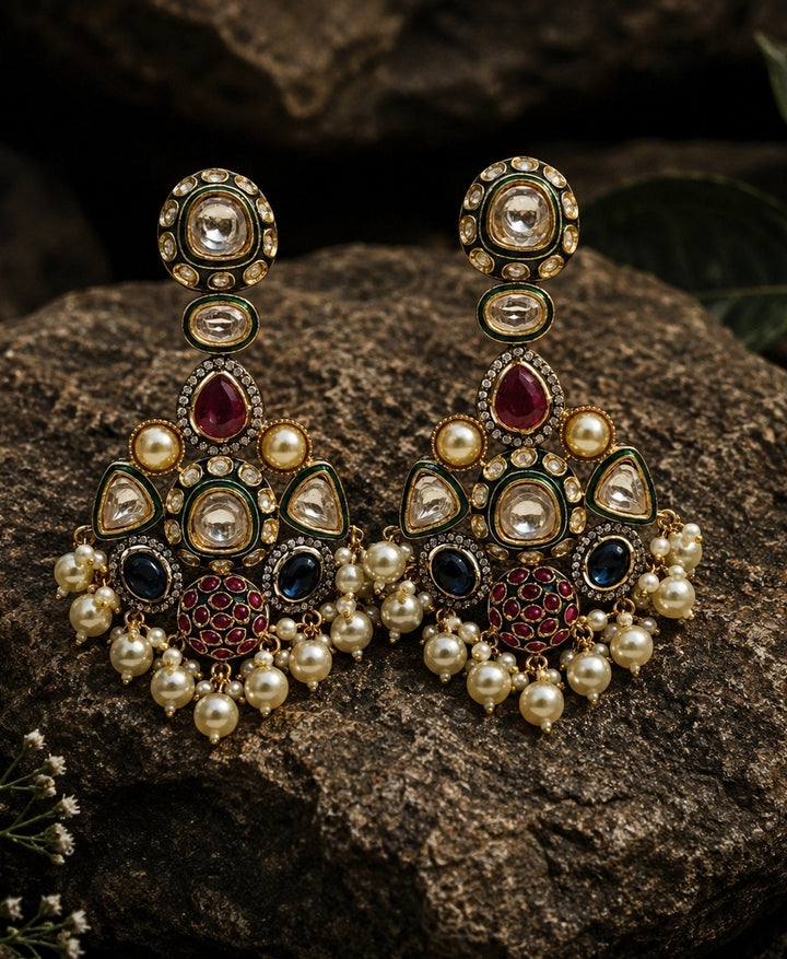 Multicolour Polki Drop Earrings With Pearl Accents