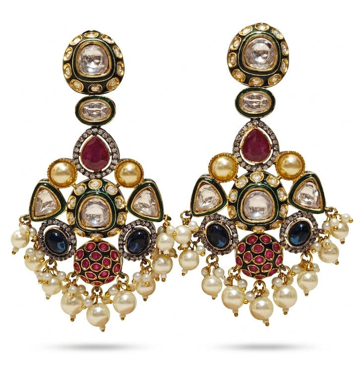 Multicolour Polki Drop Earrings With Pearl Accents