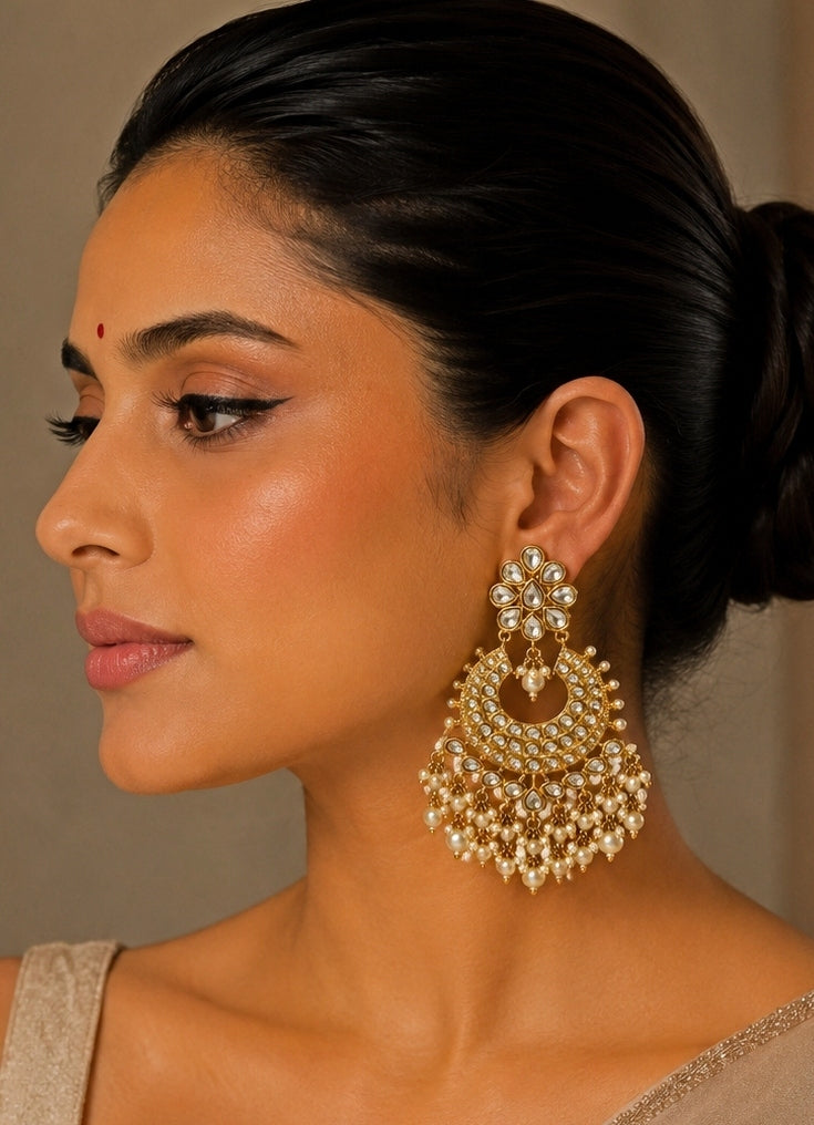 Gold Plated Polki Chandbaali With Pearl Drops