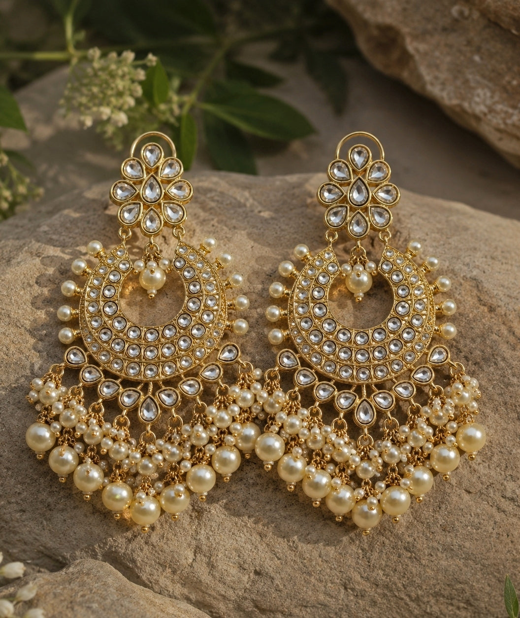 Gold Plated Polki Chandbaali With Pearl Drops