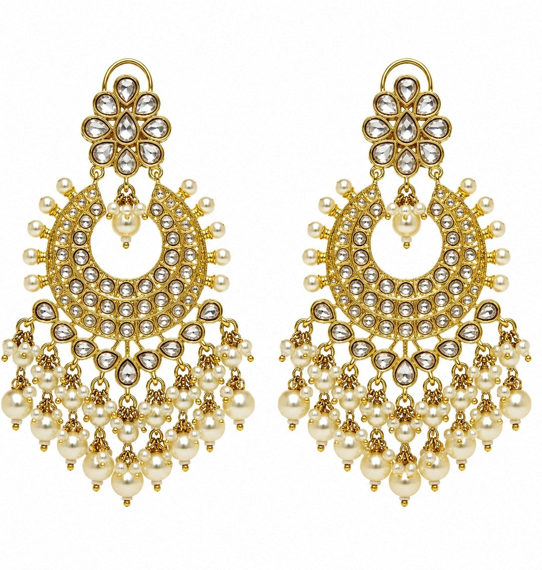 Gold Plated Polki Chandbaali With Pearl Drops