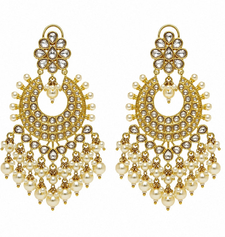 Gold Plated Polki Chandbaali With Pearl Drops