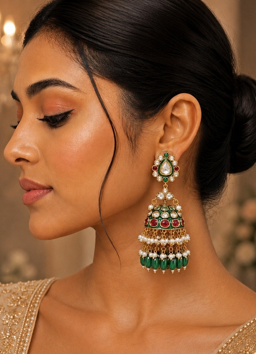 Meenakari Polki Jhumka With Emerald Green Drops