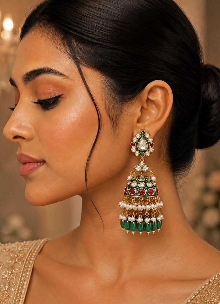 Meenakari Polki Jhumka With Emerald Green Drops