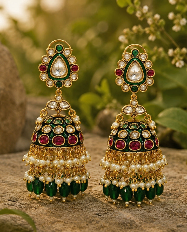 Meenakari Polki Jhumka With Emerald Green Drops