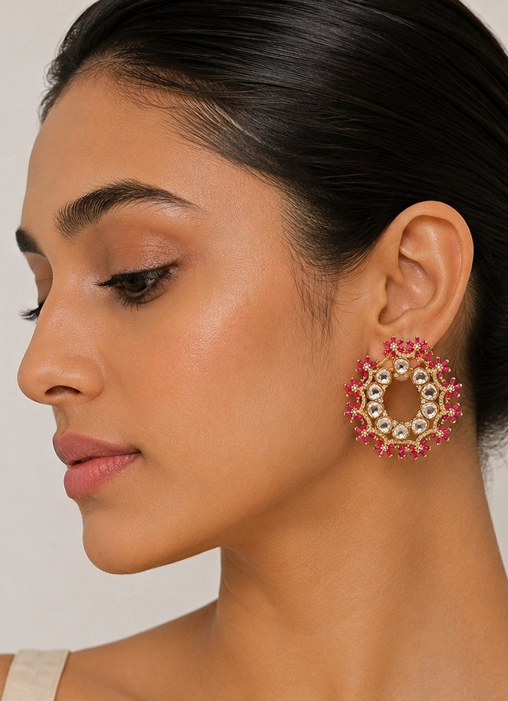 Pink Floral Polki Hoop Earrings