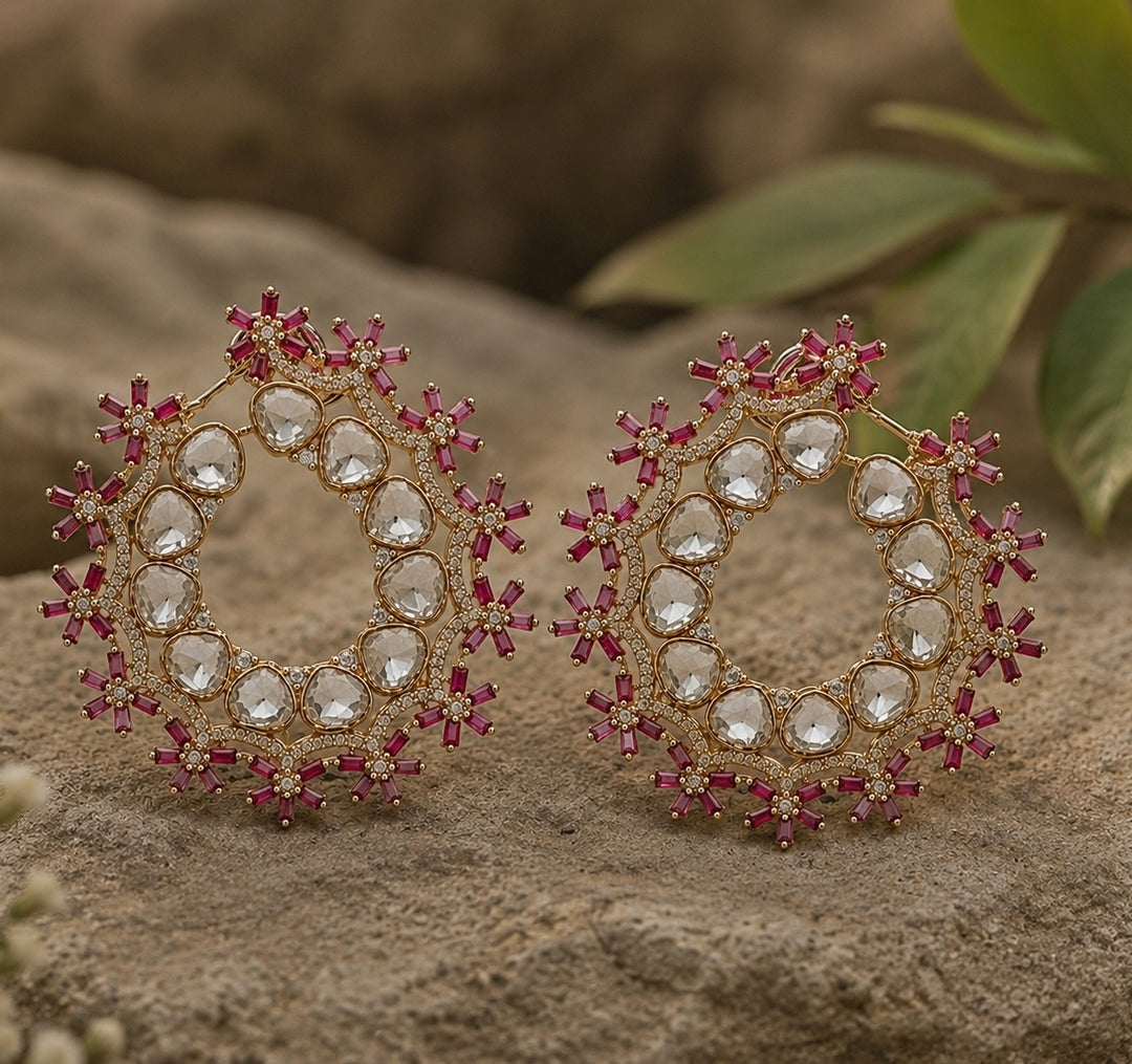Pink Floral Polki Hoop Earrings