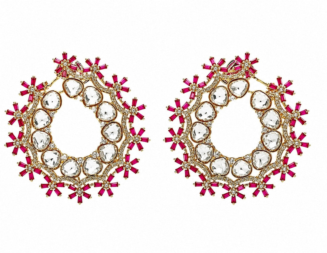Pink Floral Polki Hoop Earrings