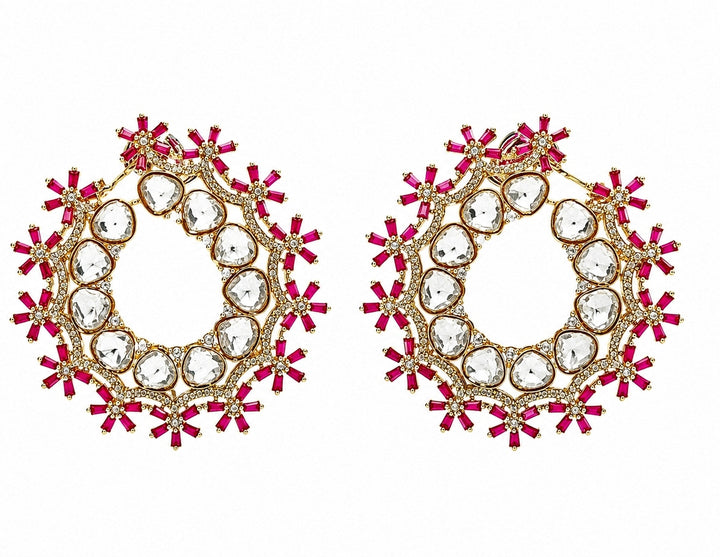 Pink Floral Polki Hoop Earrings