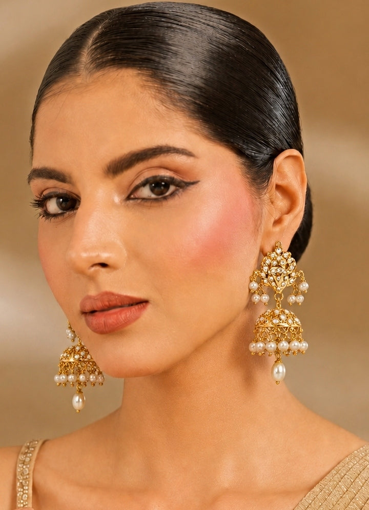 Gold Plated Polki Jhumka Earrings With Pearl Drops