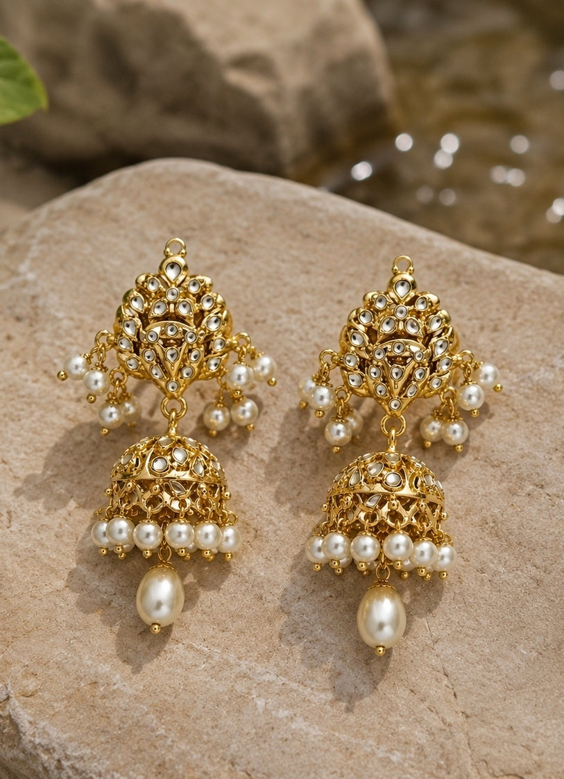 Gold Plated Polki Jhumka Earrings With Pearl Drops
