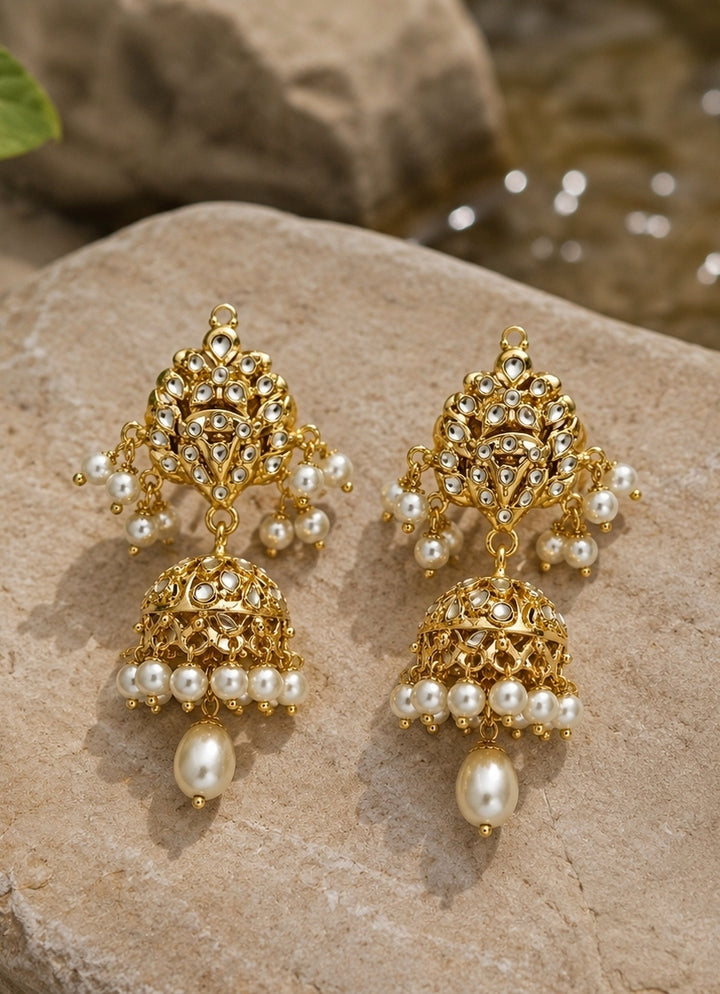 Gold Plated Polki Jhumka Earrings With Pearl Drops