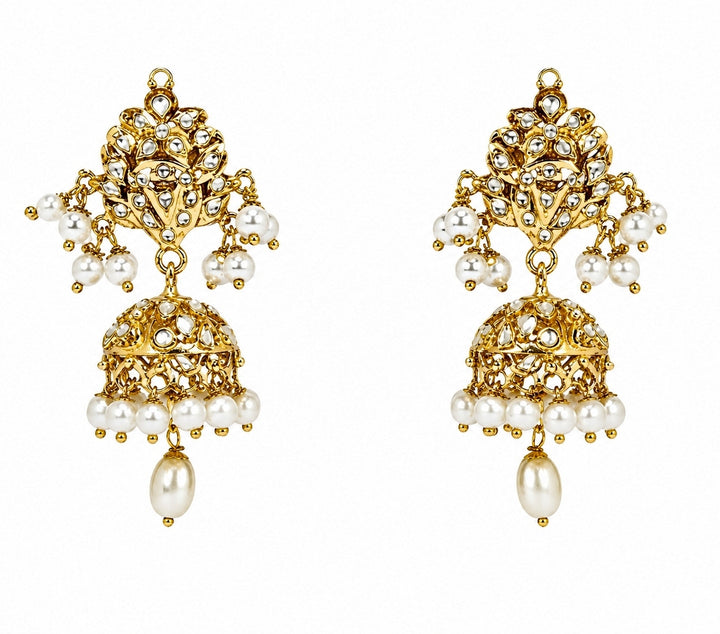 Gold Plated Polki Jhumka Earrings With Pearl Drops