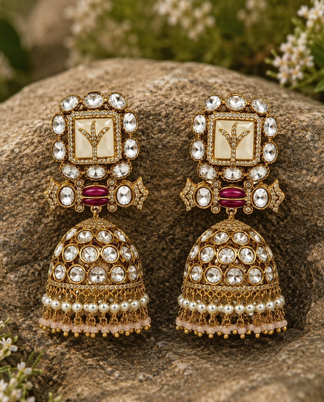 Gold Plated Polki Jhumka With Pearl Fringe