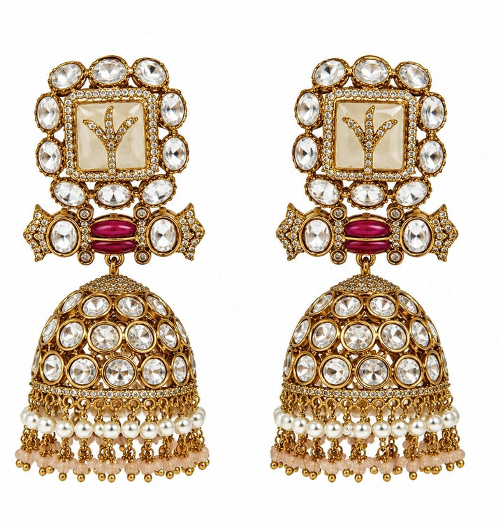 Gold Plated Polki Jhumka With Pearl Fringe