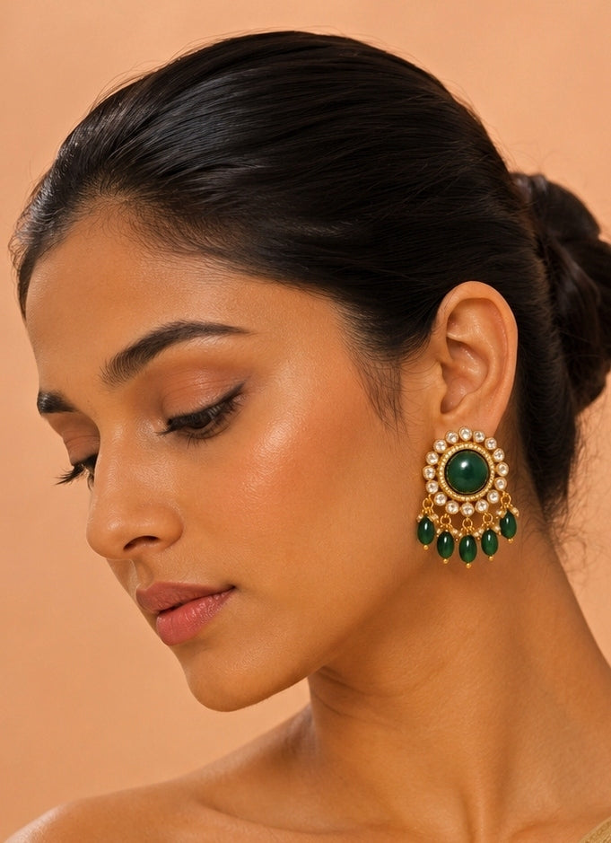 Emerald Green Stud With Pearl &amp; Bead Drops