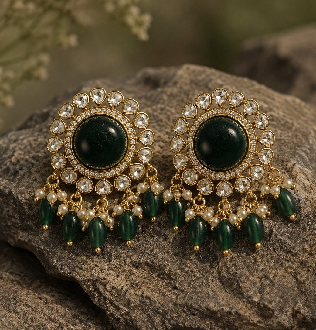 Emerald Green Stud With Pearl &amp; Bead Drops