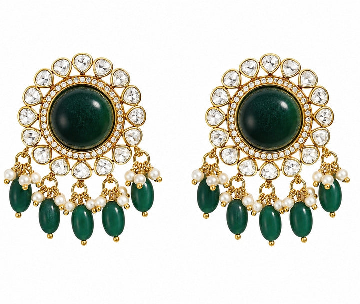 Emerald Green Stud With Pearl &amp; Bead Drops