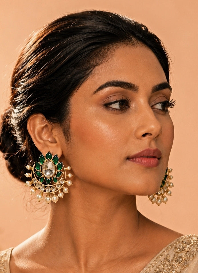 Emerald Green Floral Polki Earrings