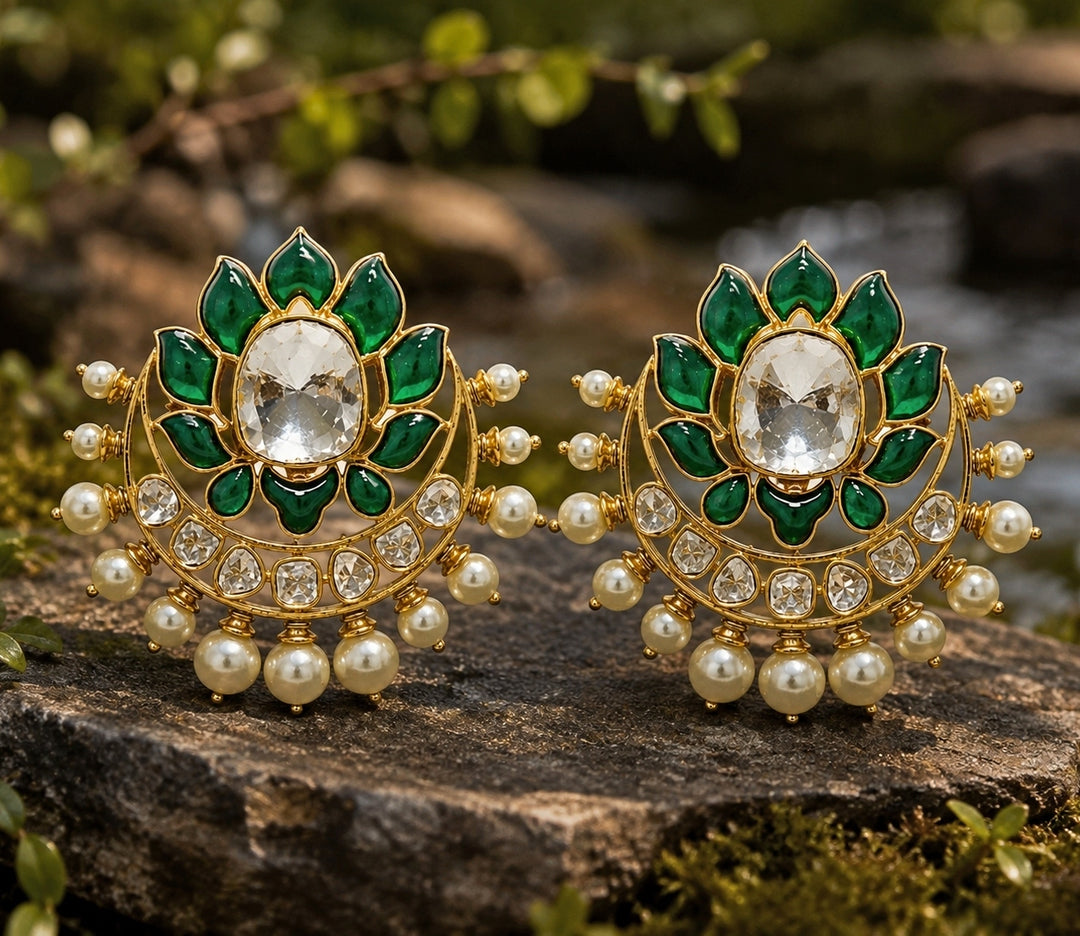Emerald Green Floral Polki Earrings