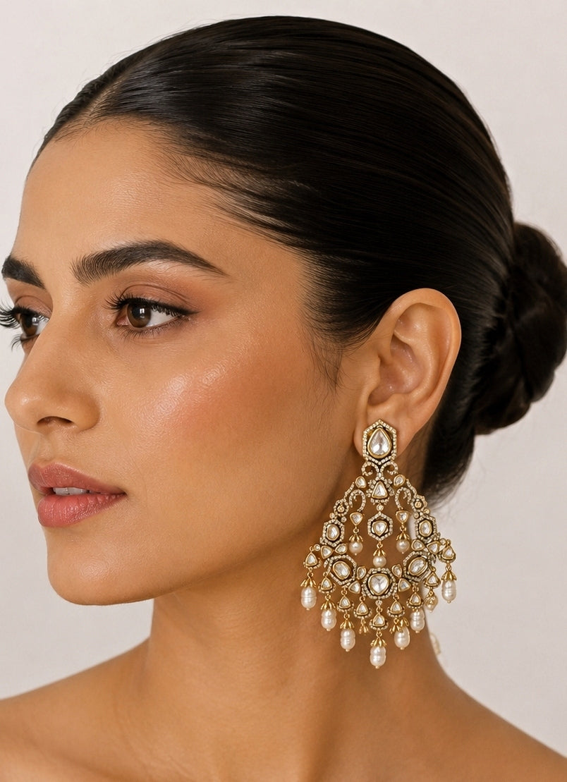 Polki Chandelier Earrings With Pearl Drops