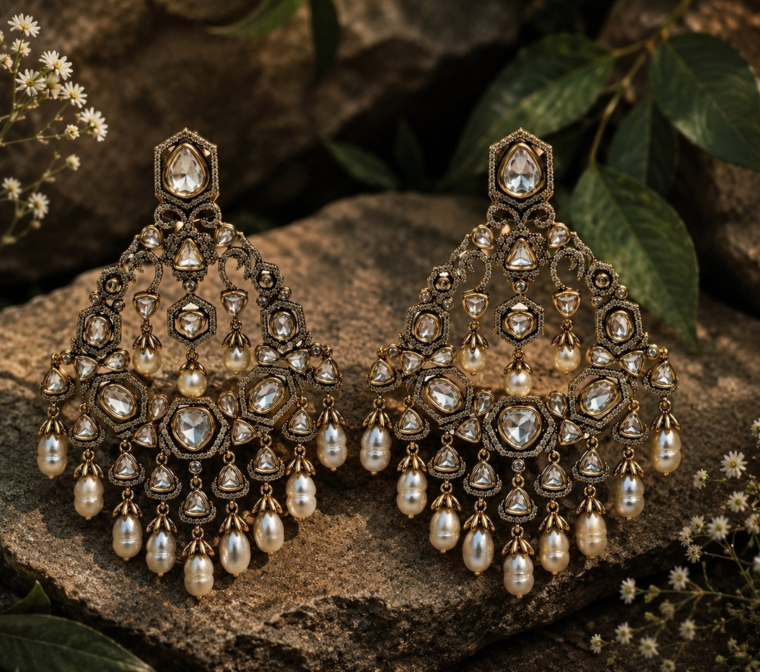 Polki Chandelier Earrings With Pearl Drops