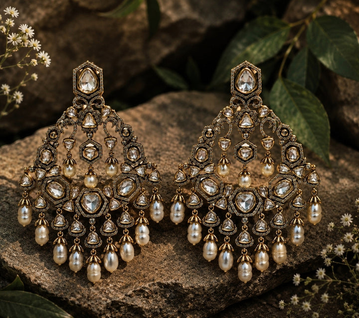 Polki Chandelier Earrings With Pearl Drops