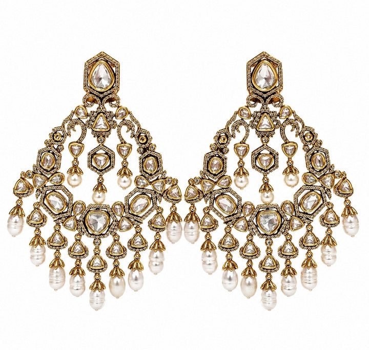 Polki Chandelier Earrings With Pearl Drops