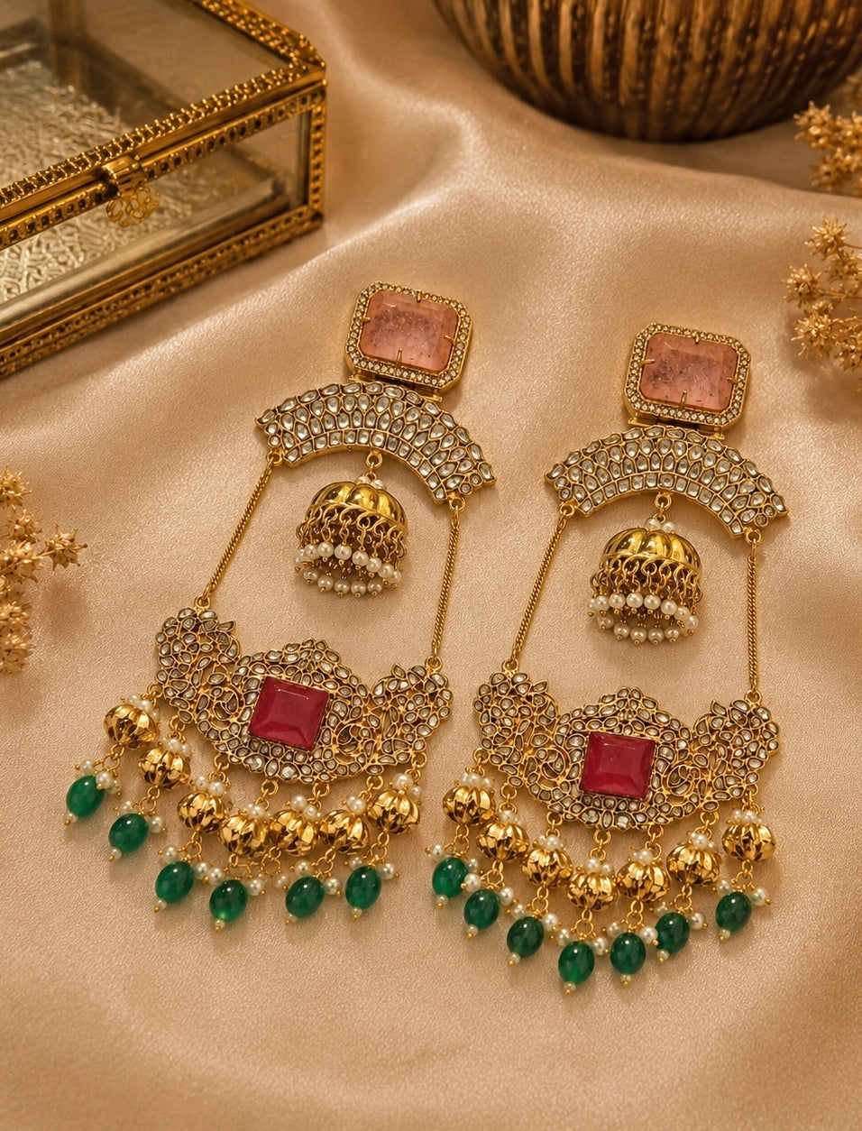 Gold Plated Multicolor Statement Kundan Jhumka