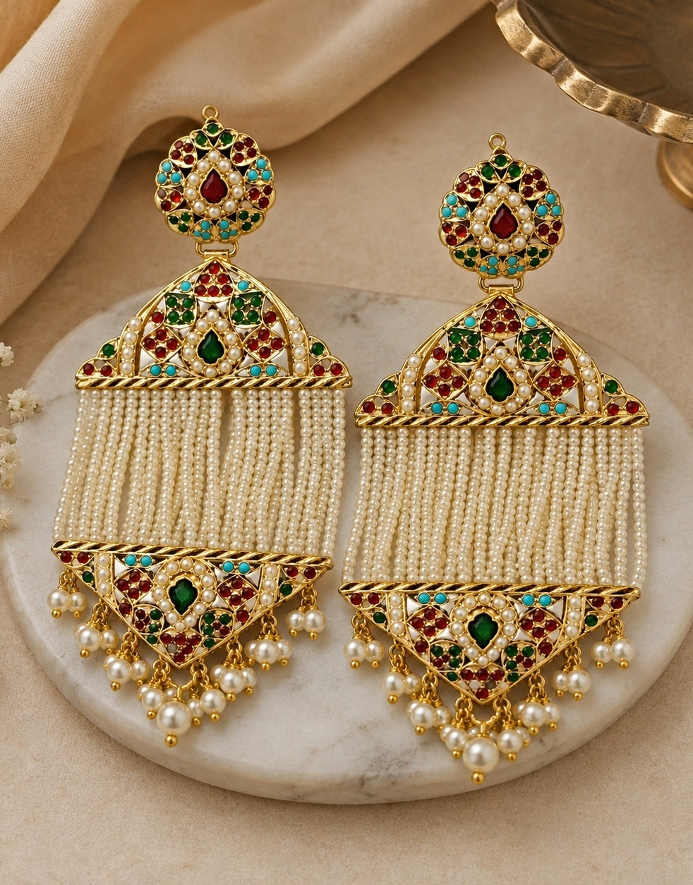 Multicolour Jadau Pearl Tassel Earrings
