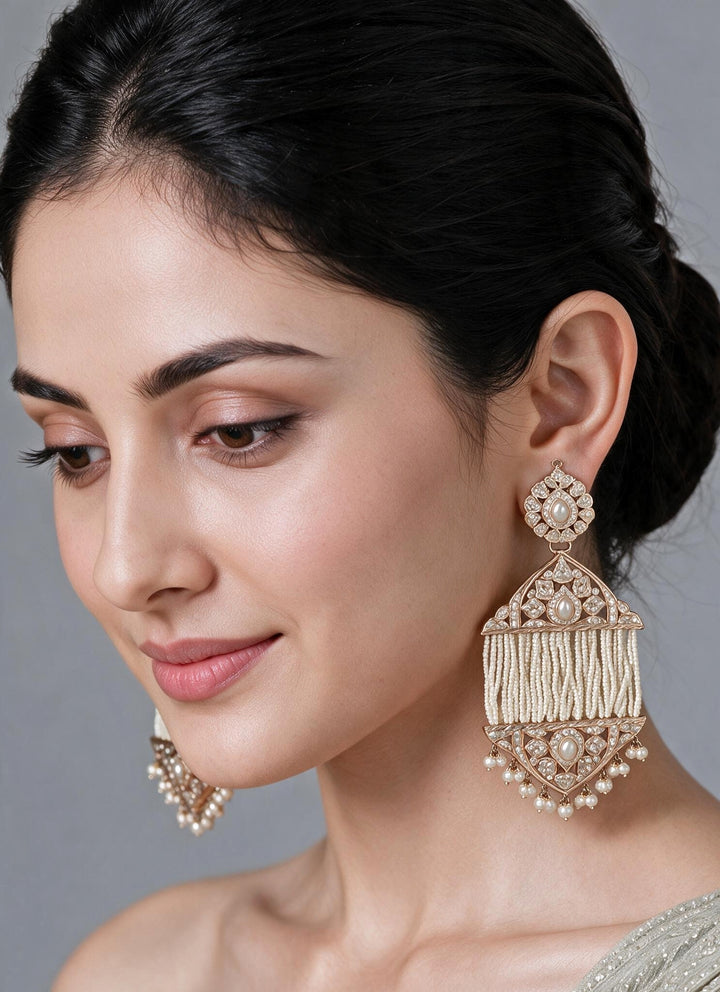 Gold Plated Jadau Pearl Tassel Statement Earrings
